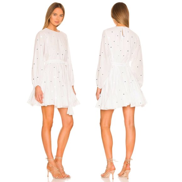 Rhode Ella Blouson Mini Dress Flared Mirror Disc Allover Braided Belt White Smal - Picture 2 of 7